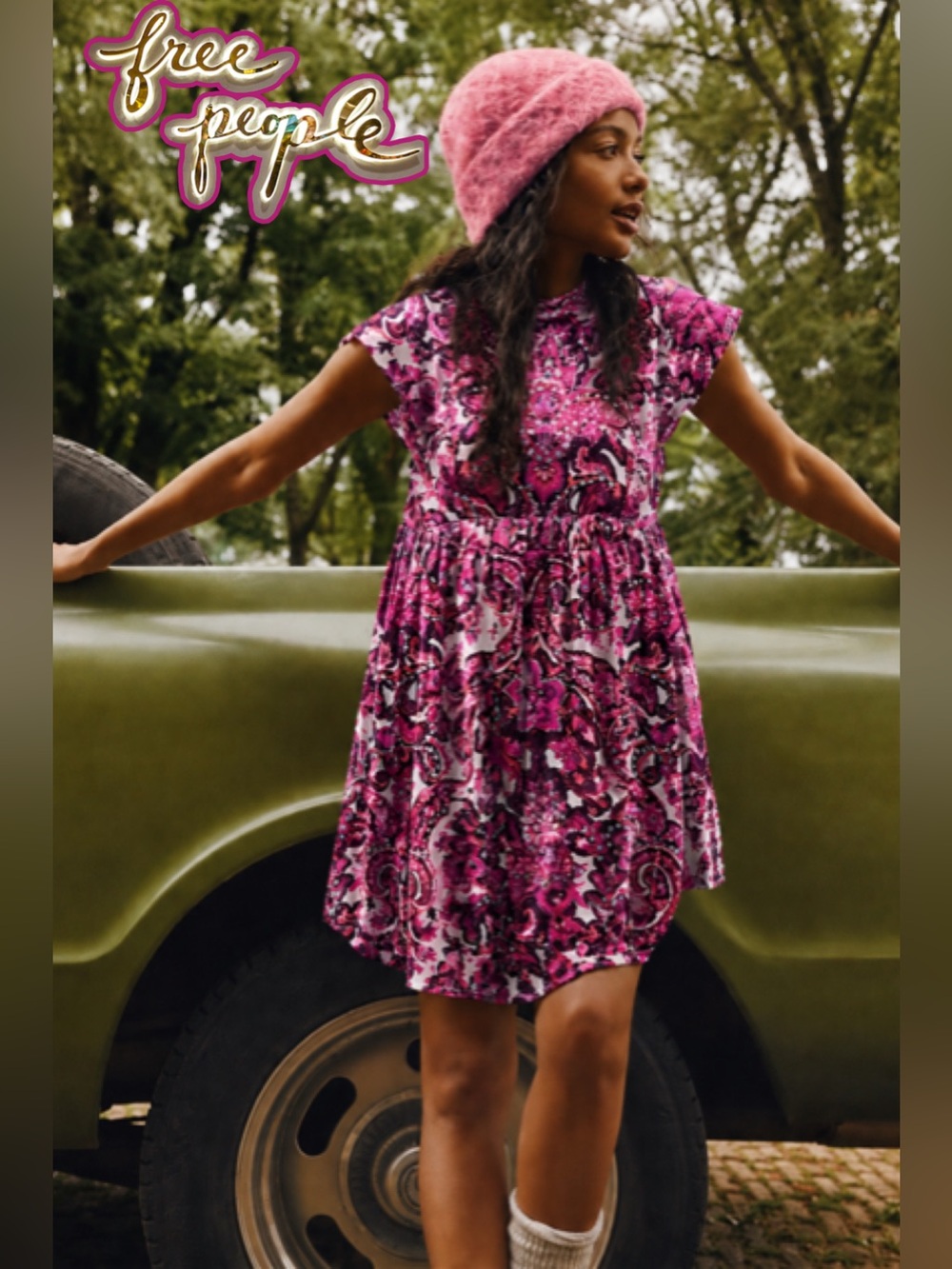Free People All The Time Velvet Mini Dress Raspberry Combo XS